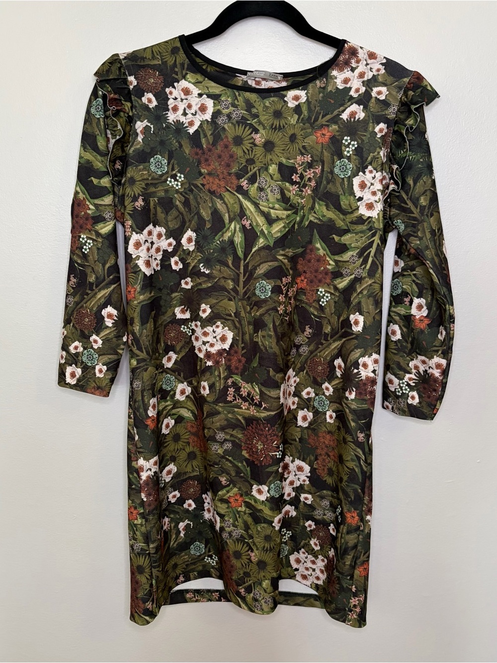 Zara Olive Green Floral Long Sleeve Ruffle Shoulder Dress